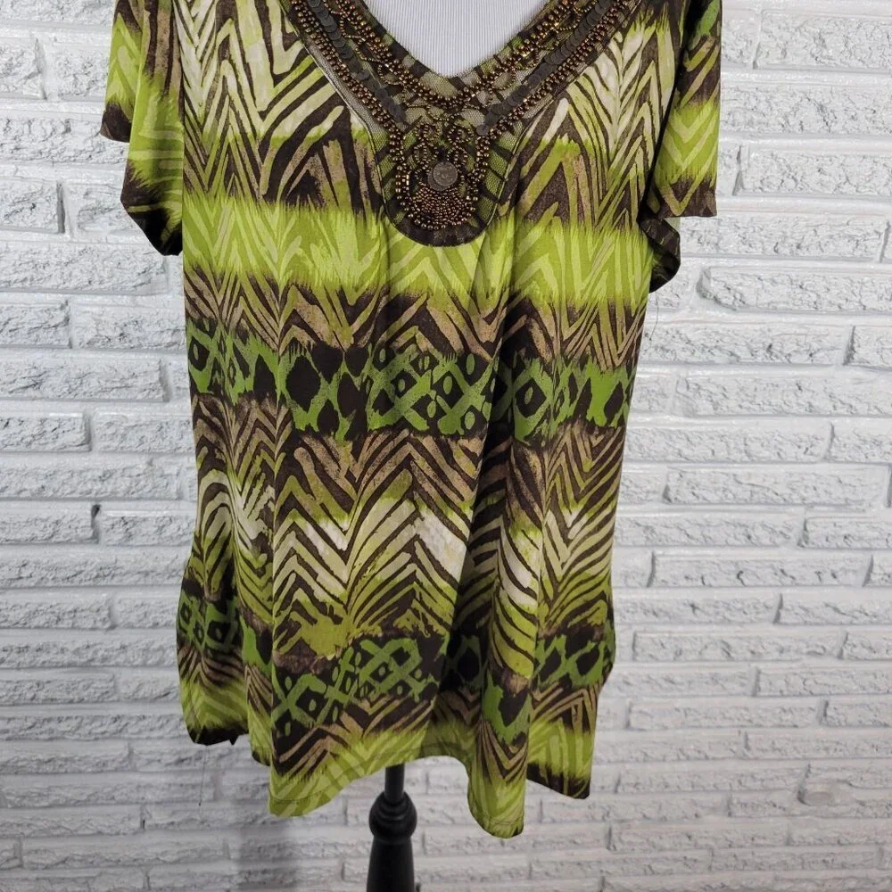 Avenue Women's 18/20 Plus Green Geometric Beaded Sequin Flutter Sleeve GEO186E